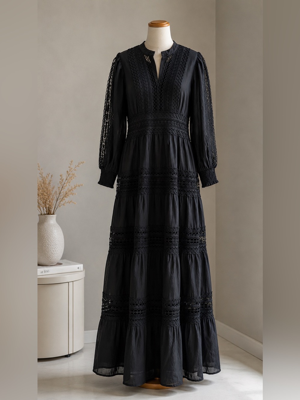 Women’s Black Lace Smocked V-Neck Long Sleeve Maxi Dress Zip Closure Size XL